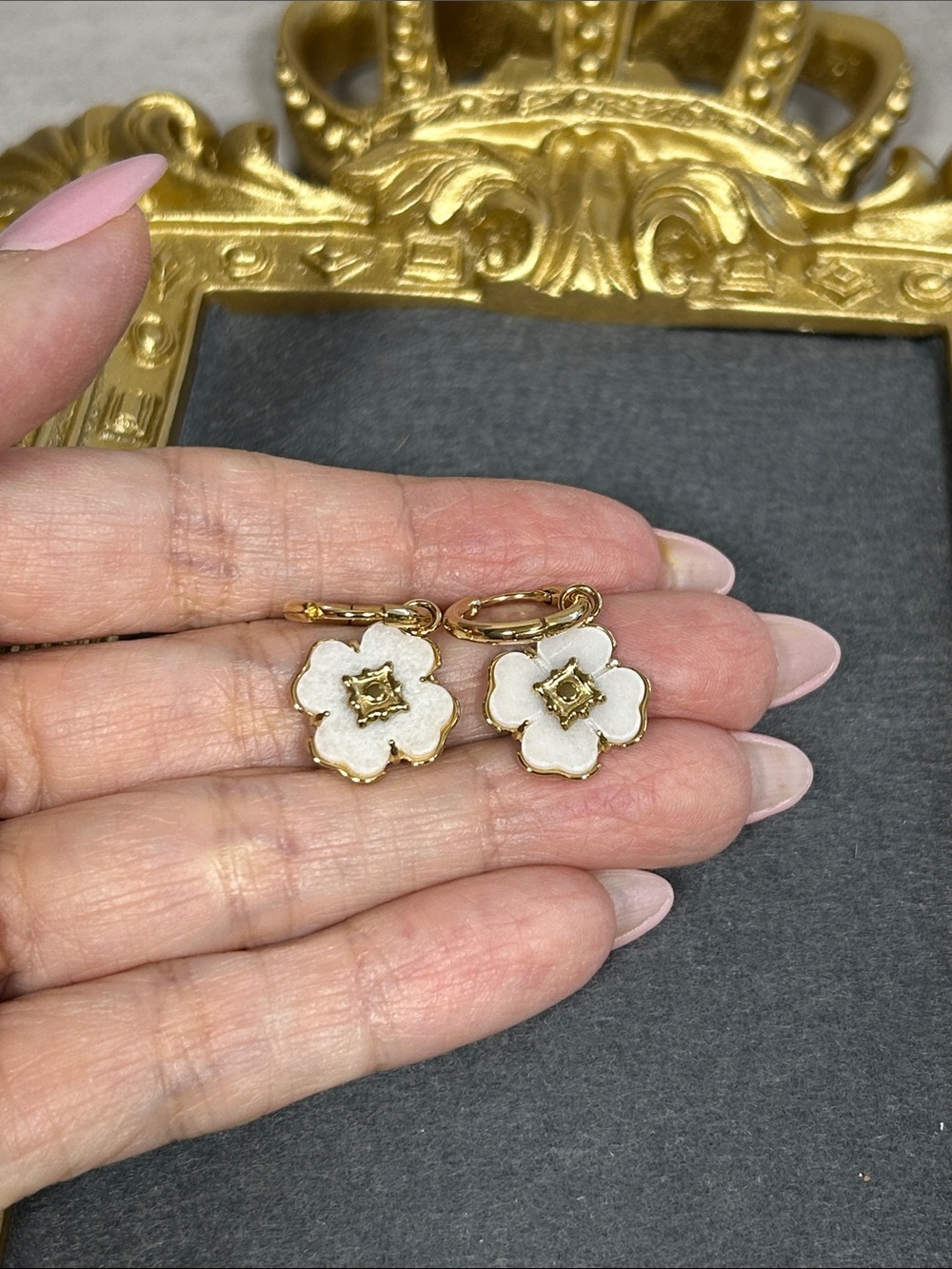 Gold & White Mother of Pearl/Shell Floral Hoop Drop Earrings - Women Jewelry